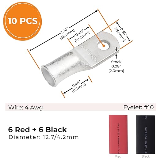 SELTERM 10pcs - 4 Awg - #10 Stud Battery Lugs - Ring Terminal Connectors with 12pcs 3:1 Black & Red Heat Shrink Tubing with Adhesive, Heavy Duty Battery Cable Ends - Tinned Copper Wire Lugs Kit