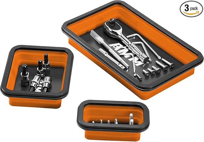 AMM Foldable Magnetic Parts Tray Set, 3 Different Size Magnetic Tool Trays for Bolts Screws Nuts & Small Metal Parts, Mechanic Tool Present for Men，Orange