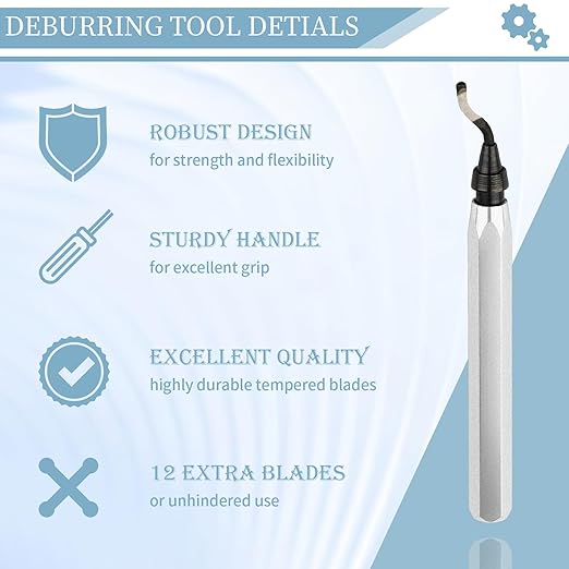 Deburring Tool with 12 High Speed Steel Blades, Deburring Tool 3D Printing, Deburring Tool for Metal, Resin, Copper, Plastic, PVC Pipes, 3D Printed Edges (1 Silver Handle)