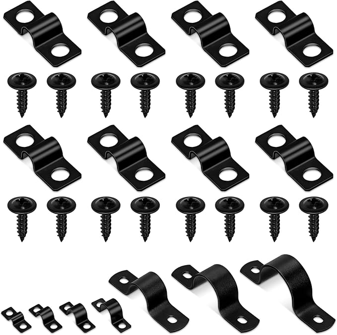 Glarks 75pcs 5mm Pipe Strap Clamp, Black Carbon Steel 2 Hole Strap Heavy Duty Rigid Pipe Strap U Bracket Tube Strap Cable Clamp Hanger Tension Tube Clip with screw for Pipe Tube Cable Fixing
