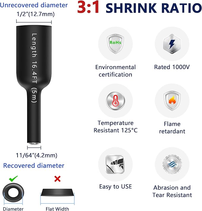 1/2inch Heat Shrink Tubing, 16.4 Ft 3:1 Heat Shrink Tube Dual Wall Adhesive Lined, Waterproof Marine Shrink Wrap Tubing, Electrical Industrial Automotive Sealing Heat Shrink Tubing for Wire Insulation