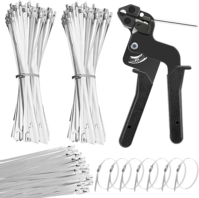 Heavy Duty Stainless Steel Cable Tie Gun Kit with 200PCS 11.8 Inch Self-Locking Metal Zip Ties, Adjustable Tension Cutting Tool for Garden Fence Repair, Automotive & Outdoor Projects (11.8'')