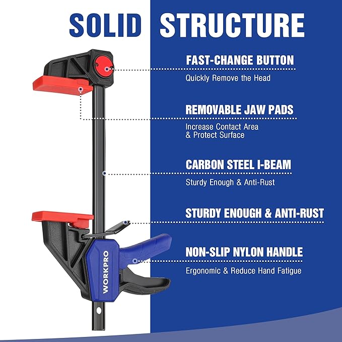 WORKPRO 6" Clamps for Woodworking 2-Pack, Quick-Release Wood Clamps/Spreader Light Duty, One Hand 150 LBS Load Limit, Ideal for Woodworking and DIY Projects