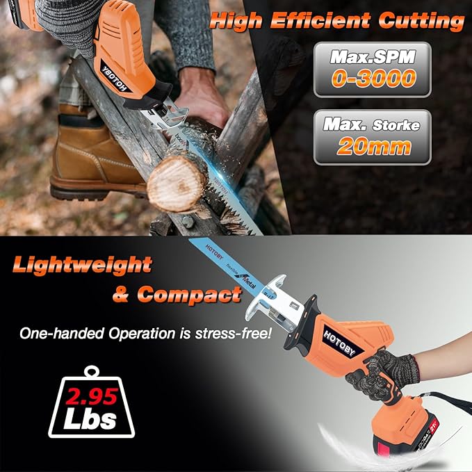 Reciprocating Saw, Cordless, Electric Reciprocating Saw with 2 Batteries, Includeds 8 Blades Kit, Tool-free Blade Change, Variable Speed, Multi-Purpose, For DIY Wood Metal PVC Cutting (Orange)