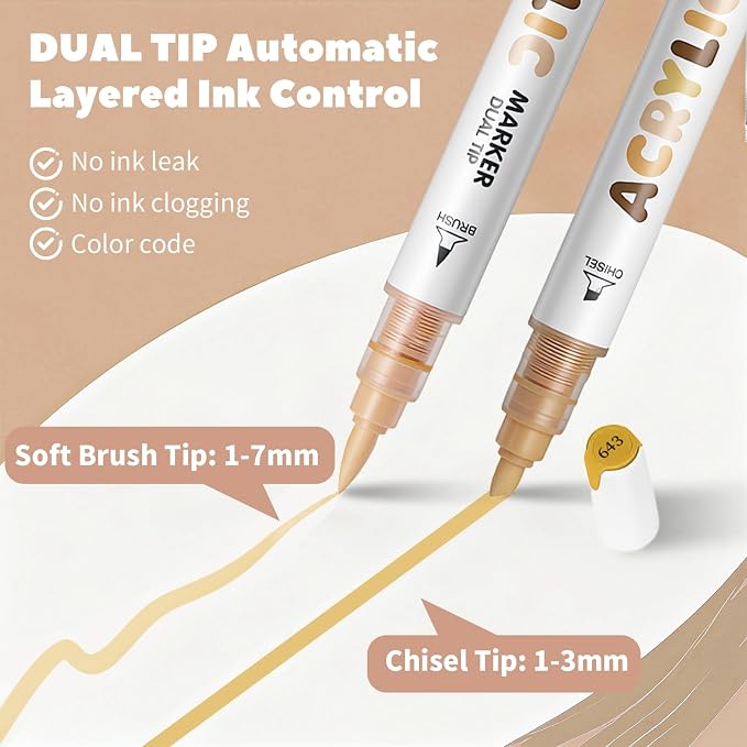 Warm Skin Tone Acrylic Paint Pens, Water Based 12 Colors Dual Tip Acrylic Paint - Image 3