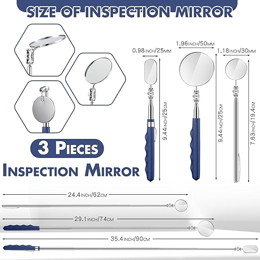 3 Pieces Telescoping Inspection Mirror Stainless Steel Extendable Mechanic Mirror with Long Handle Tool for Technicians Mechanics Contractors (50/25/30 mm,Round,Oval,Round)