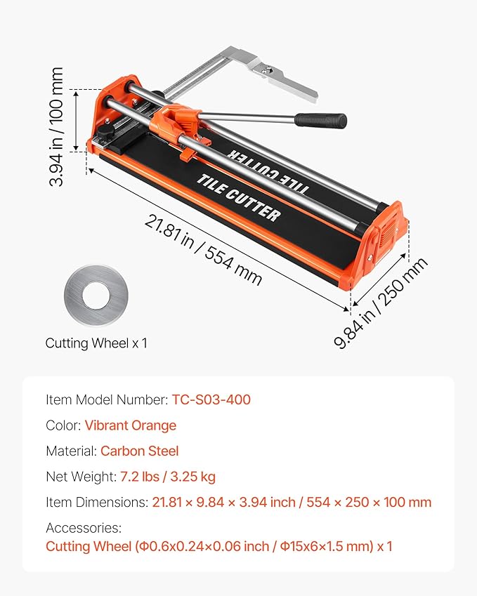 VEVOR 17-Inch Manual Tile Cutter for Wall & Polished Tiles,Double Rails for Precise Cutting, Tungsten Carbide Wheel,Non-Slip Handle,Anti-Displacement Pressure Rod,Precise Cuts for Pros & Beginners