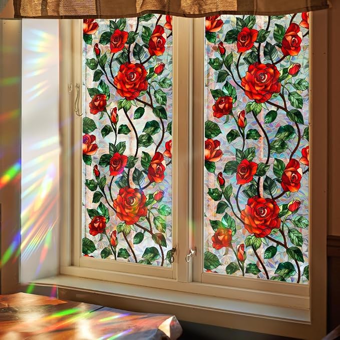 Bloss 3D Rose Stained Glass Windows Film Gothic, 17x78.7Inch Rainbow Floral by Bloss