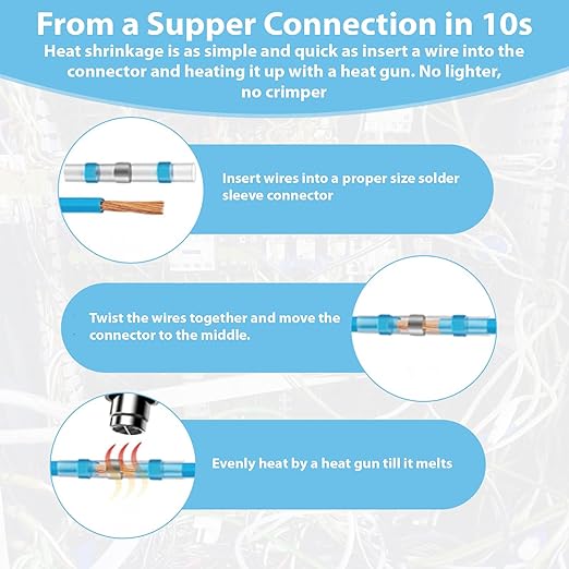 130 PCS Blue Heat Shrink Butt Connectors,16-14 AWG, Self Soldering Butt Connector, Waterproof Solder Seal Wire Connectors, Butt Splice Wire Terminals for Automotive Marine Boat