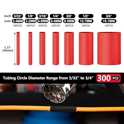Chanzon 300 Pcs Heat Shrink Tubing Kit, 3:1 Red Sleeving Heat Shrink Wrap Tubing with Length 1.77" (inch), Marine Grade Electrical Waterproof Polyolefin Heat-Shrink Tube