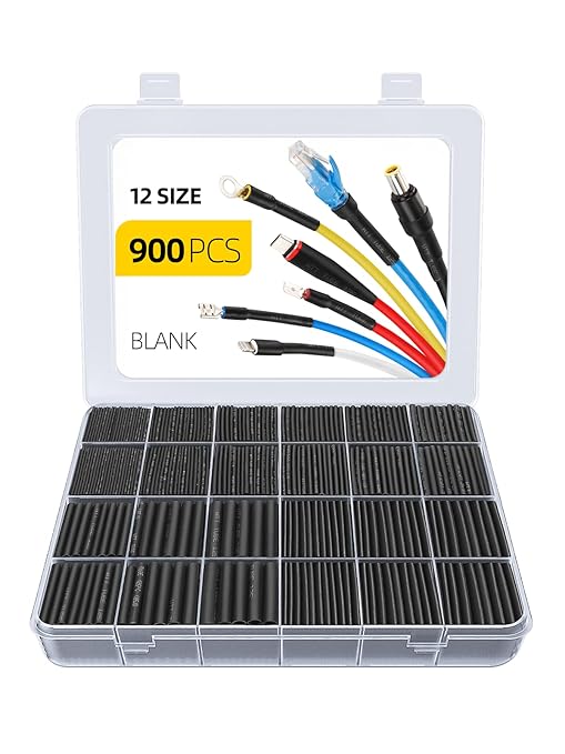 Eventronic 900PCS Wire Heat Shrink Tubing Kit, Industrial Heat-Shrink Tubing for Wires, 2:1 Marine Grade Heat Shrink Wrap, Premium Large Electrical Waterproof Heat Shrink Tape (Black 12 Sizes)