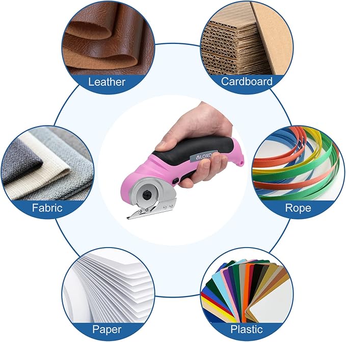 VLOXO Cordless Electric Scissors, Cardboard Cutter with Safety Lock 4.2V Electric Mini Cutter Power Rotary Scissors for Leather Felt Rug Box with Storage Box Pink