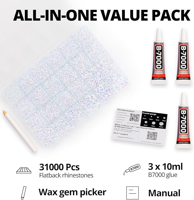 31000Pcs White AB Rhinestones for Bedazzling, Iridescent Multi Sizes 2-6mm - Image 2