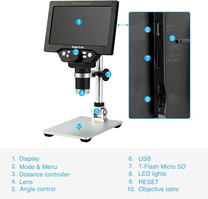 Koolertron 7 inch LCD Digital Microscope,12MP 1-1200X Magnification 1080P Coin Microscope with Screen,8 LED Lights,Rechargeable Battery Microscope for PCB Soldering Plant/Rock/Insect/Watch Repairing