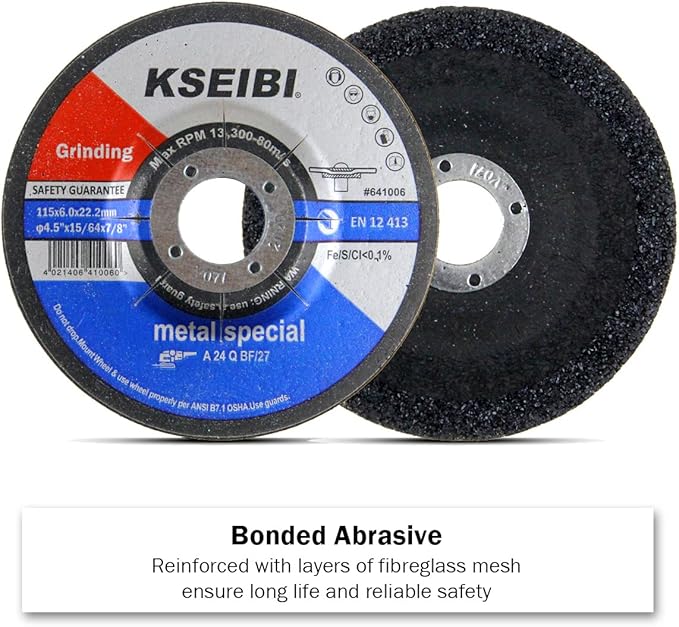KSEIBI 651006 Grinding Wheels 10-Pack, Aluminum Oxide Discs for Metal & Stainless Steel, 4-1/2" x 1/4" x 7/8", Aggressive Grinding for Angle Grinders, Depressed Center Design