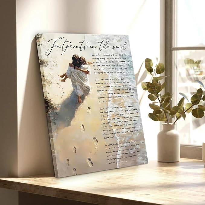Jesus Holding Woman Wall Art Footprints in the Sand Painting Picture Wall Decor - Image 9