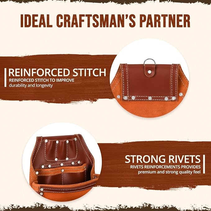 Daisy Leather Tool Belt Pro-202, 28 Pockets, Top Grain Leather, 2.5-inch Padded Belt, Fits 30-52 inch Waist, X-Large (Cherry, X-Large)