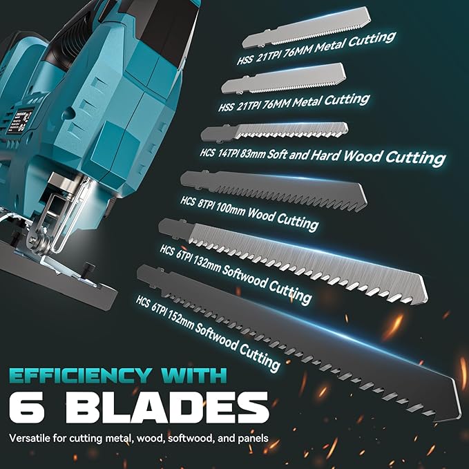 Jig Saw Compatible With Makita 18V Battery, Cordless Jigsaw Tool Brushless Motor With 6 Variable Speeds, 4 Orbital Sets, ±45° Bevel Cuts, LED Light and 6PCS Blades For Cutting (Without Battery)