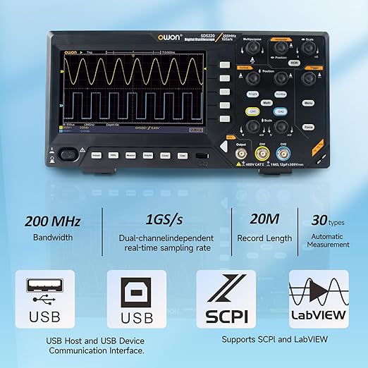 200MHz Digital Oscilloscope, OWON SDS220 Oscilloscope Dual Channel 1GSa/s Sample Rate Support FFT Spectrum Analysis Support 30 Automatic Waveform 7 inch LCD Display