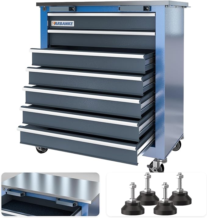 7-Drawer Rolling Toolbox,Tool Box with 360° Lockable Wheels and Padded Feet,Tool Chest with Keyed Locking System and Drawer Liners,can be Combined Storage System with Tool Chest