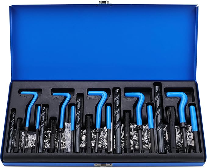 SAE Thread Repair Helicoil Kit - 131PC with HSS Drill Bits, Inserts, Taps, and Breakoff Tools for Rethreading on Metal, Engine, Pipe Repair - Sizes 1/4" 5/16" 3/8" 7/16" 1/2"
