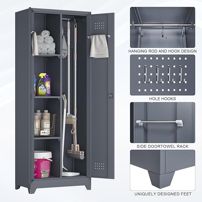 65''H Broom Closet Storage Cabinets, Metal Utility Closet Storage Cabinet, Indoor Cleaning Cabinet with Adjustable Shelves and S-Hooks for Bathroom,Garage
