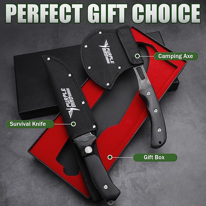 PURPLEBIRD Survival Axe and Fixed Blade Knife Set, Full-Tang Camping Hatchet & Hunting Knife with Leather Sheath, Lightweight Wood Handle Gift Ready