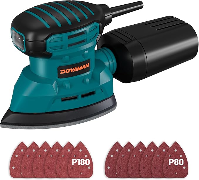 DLS03A Detail Sander, 1.1 Amp Hand Sander with Dust Collector, 12000 RPM Compact Palm Sander with 12 Pcs Sanderpapers, Low Vibration, Lightweight Hand Sander for Wood and Steel Surface