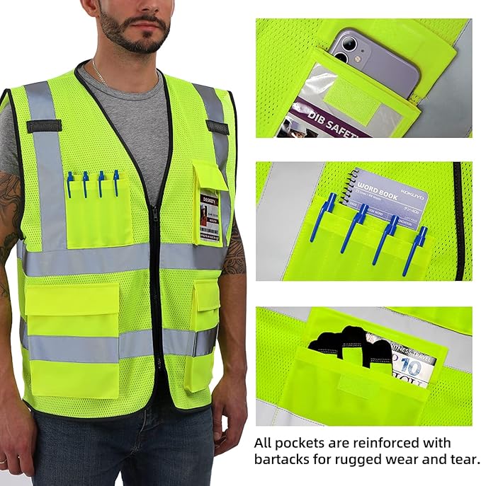 Dib Safety Reflective Vest Mesh, High Visibility Vest with Pockets and Zipper, Construction Work Vest ANSI Class 2, Yellow Mesh 2XL