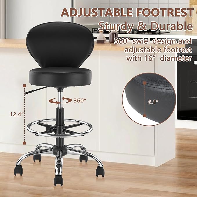 Black PVC Faux Leather Drafting Chair Set of 4 Rolling Swivel Salon Stool with Back Support Foot Rest Adjustable Hydraulic Seat Height for Massage Facial Spa Medical Drafting Tattoo Beauty