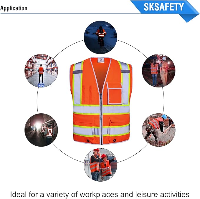 SKSAFETY 10 Pockets Safety Vest, Class 2 High Visibility Security with Zipper, Hi Vis Vest with Reflective Strips, ANSI/ISEA Standard, Construction Work Vest for Men ＆ Women （Orange, M）