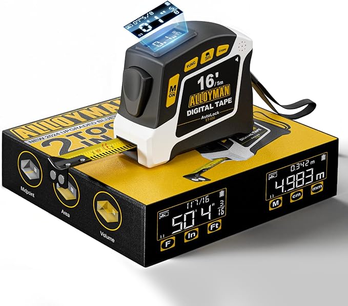 Alloyman 2-in-1 Digital Tape Measure, 16Ft Length, 6 Unit Options, 4 Measuring Modes, Stores 50 Records, Auto Lock with Magnetic Hook, Waterproof & Drop-Resistant