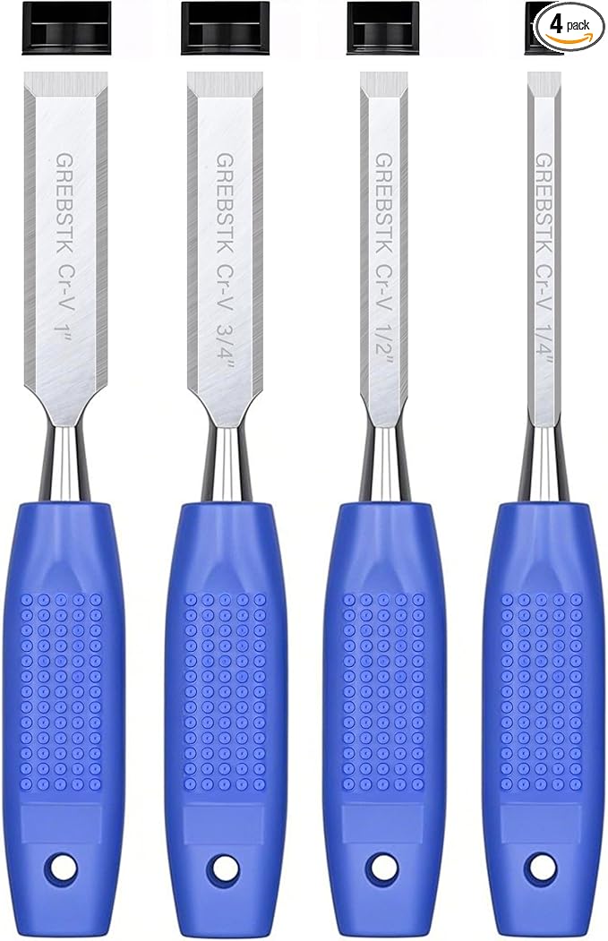 GREBSTK 4 Pcs Wood Chisel Set, CRV Steel Bevel Sharp Edge Bench Chisels with Safety Caps, Comfortable Rubber Handle, for Woodworking and DIY Projects, 9“x(1/4", 1/2", 3/4", 1")