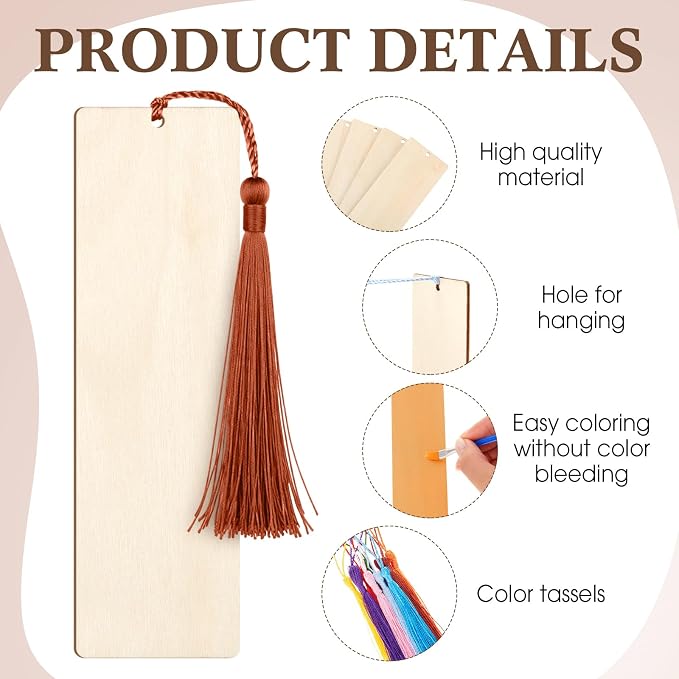 Yexiya 300 Pcs Bookmark Making Kit, 150 Unfinished Wood Bookmarks - Image 4