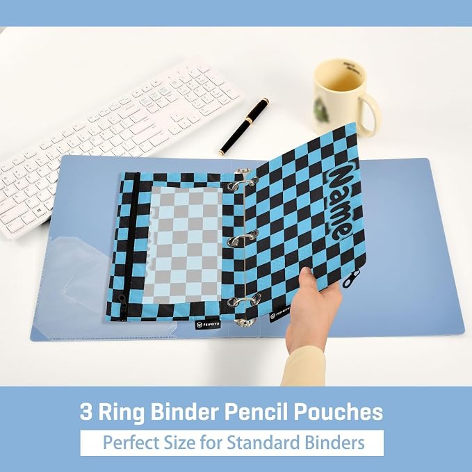 Custom Black Blue Checkered Pattern Pencil Pouch - Image 4