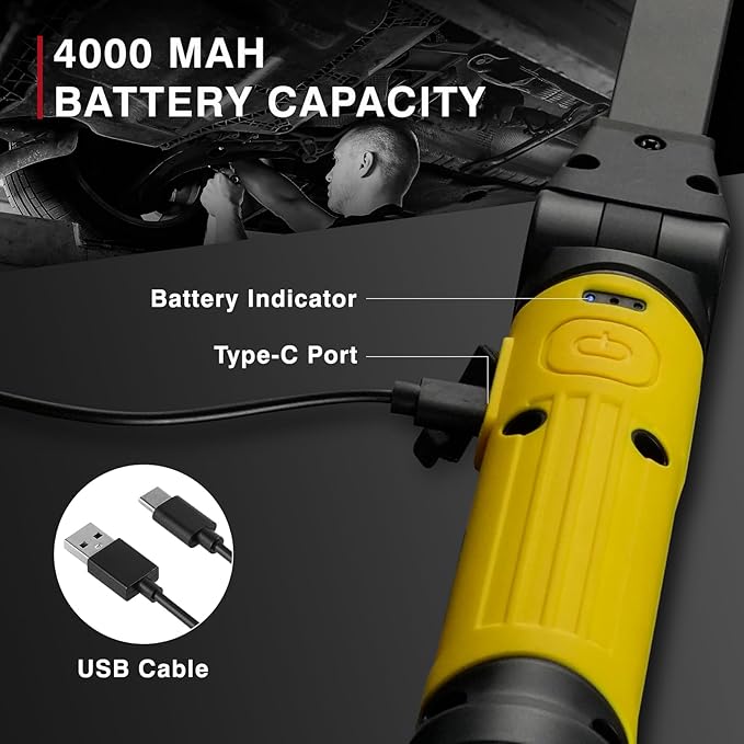 Mechanic Light,1000 Lumens Rechargeable LED Work Light with Magnetic Base, 120° Rotate 3 Modes, 4000mAh Magnetic Flashlight for Car Repair, Camping, and Emergency (1 Pack)