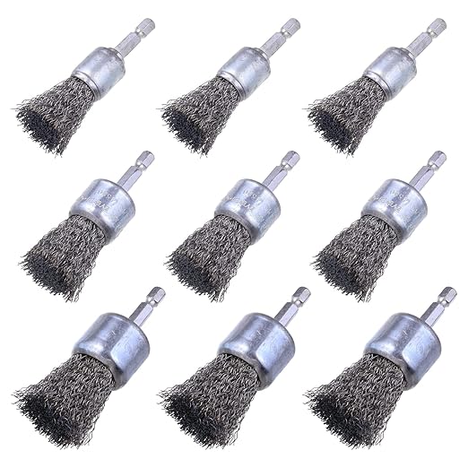 9 Pcs Wire Brush Wheel for Drill, Wire Brush for Drill 1-Inch Crimped End Wire Brushes 1/4" Hex Shank for Paint-Surface and Small Spaces