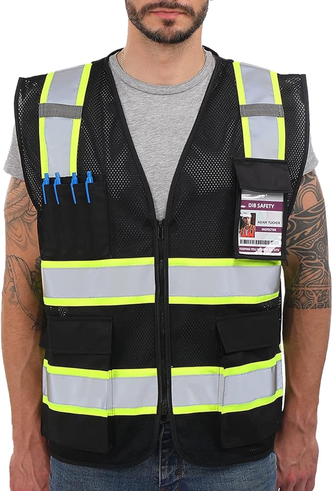 Dib Safety Reflective Mesh Vest High Visibility Two Tone with Pockets and Zipper, Black Mesh with Yellow Trim 4X