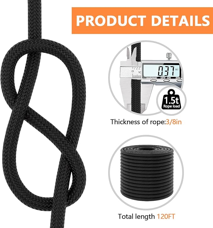 X XBEN Braided Polyester Arborist Rope 3/8 inch X 120ft, 48 Strands, 3430 LBS Breaking Strength Outdoor Ropes, Arborist Rigging Code for Rock Hiking Camping Swing Tree Rescue,Black