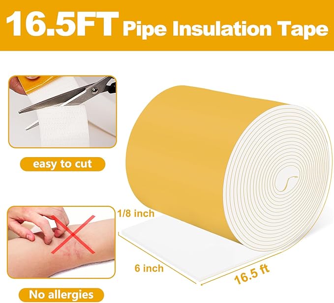 Pipe Insulation Tape, Pipe Wrap Insulation Foam Tape Self Adhesive, Outdoor Water Pipe Insulation Roll for HVAC, AC Line Insulation, 6 inch x 16.5 FT Heat Tape for Water Pipe, White