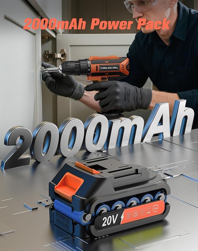 Cordless Drill, 20V MAX Power Drill Set with 2.0Ah Power Pack & Charger, 3/8 Inch Keyless Chuck, Variable Speed, 25+1 Position and 56PCS Bits/Screws, Power Tools for Home Projects