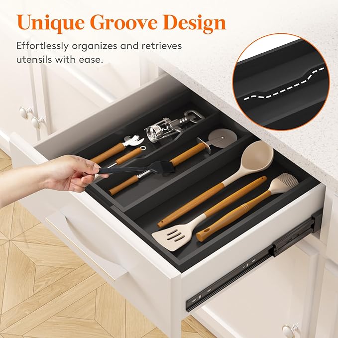 Lifewit Utensil Drawer Organizer, Expendable Cooking Silverware Tray for Kitchen Drawer, Bamboo Adjustable Cutlery Flatware Holder, Spatula Tools and Gadgets Storage Divider, 3 Compartments, Black