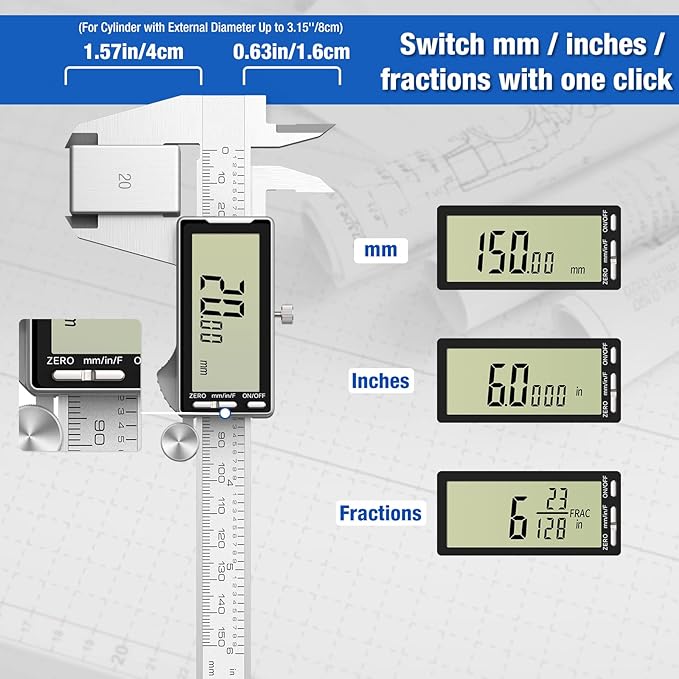 Digital Caliper 6 Inch with Large LCD Screen, Inch/MM/Fraction Conversion, 150mm Micrometer Caliper All Stainless Steel Diameter Measuring Tool for Jewelers/Woodworkers/DIY