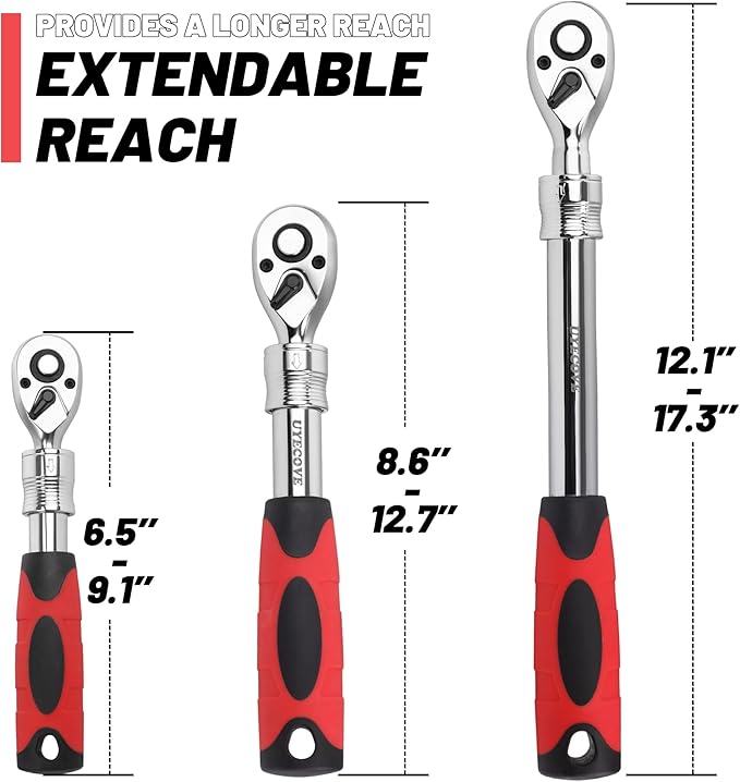 3-Piece Extendable Ratchet Set, 1/4 3/8 1/2 Inch Extendable Socket Wrench, Ratchet Wrenches Set 72-Tooth Quick-Release, Soft Grip Handle with Storage Tray