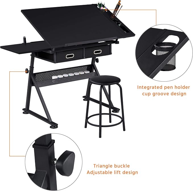 Yaheetech Adjustable Drafting Table Art Desk, Storage Drawers & Stool - Image 7