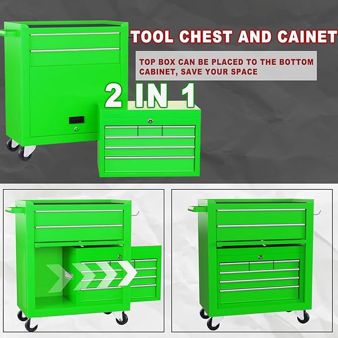 8-Drawer Rolling Tool Chest, 2-in-1 Tool Box Organizer with Lockable Wheels, Sliding Drawers, and Detachable Top, Garage Workshop Tool Storage Cabinet, Green