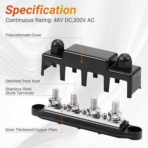 FEITON Power Distribution Block, 12V 300A Bus Bar, 3/8" Studs Terminal Strip, 12-48V Heavy Duty Terminal Block, Positive & Negative Junction Block with Cover, RV Car Marine Automotive Battery Busbar