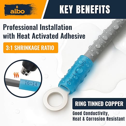 250PCS Yellow Heat Shrink Ring Terminal Kit – 12-10 AWG Wire Terminal Connectors Assortment, 6 Sizes (#8, #10, 1/4", 5/16", 3/8", 1/2") – Waterproof Tinned Copper Electrical Ring Connectors