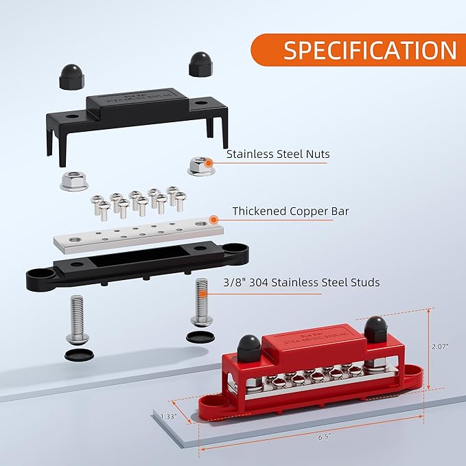 Bus Bar 12V 275A Power Distribution Block 2 x 3/8" (M10) Terminal Studs and 10 x #10 Screws Terminals Positive and Ground Battery BusBar