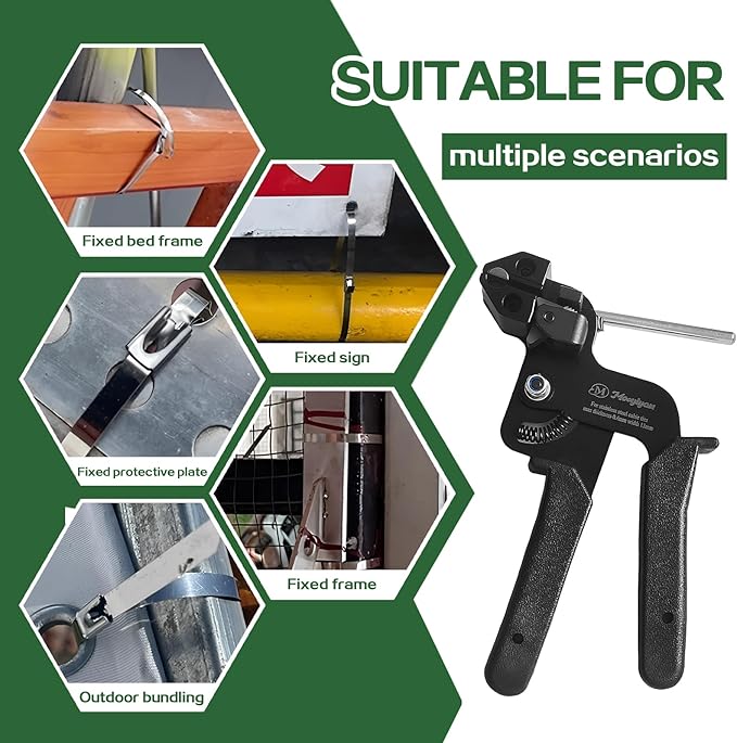 Metal cable tie gun set,contains 200 heavy-duty outdoor stainless steel cable ties,suitable for chain link fence components,wire mesh rolls,exhaust pipe winding,poultry fencing,boat construction,etc